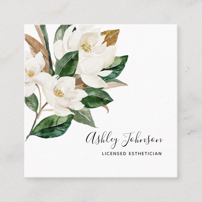 Watercolor Magnolia Script Typography White Green Square Business Card Zazzle Com Here i show you the process of painting a realistic white magnolia flower using watercolour. watercolor magnolia script typography white green square business card zazzle com