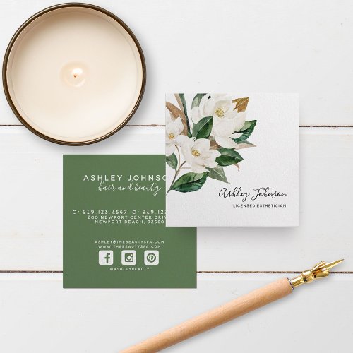 Watercolor Magnolia Script Typography White Green Square Business Card