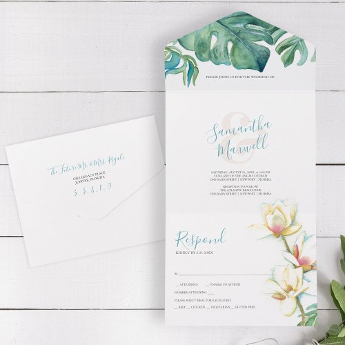 Watercolor Magnolia Wedding All In One Invitation