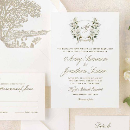 Watercolor Magnolia Wedding Crest Invitation