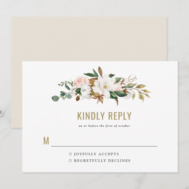 Watercolor Magnolia Wedding Invitation Monogram (Front/Back)