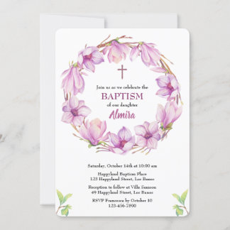 Watercolor Magnolia Wreath Baptism Invitation