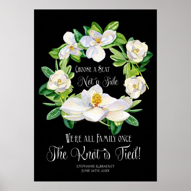 Watercolor Magnolia Wreath Black White Modern Art Poster (Front)