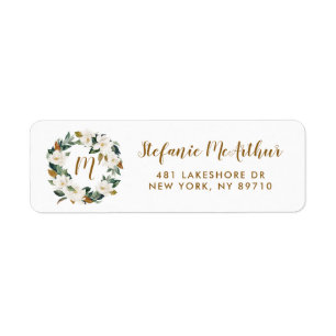 Watercolor Magnolia Wreath Monogram Address Label