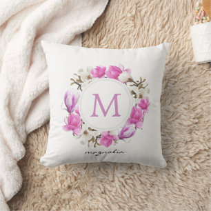 Watercolor Magnolia Wreath Monogram Throw Pillow