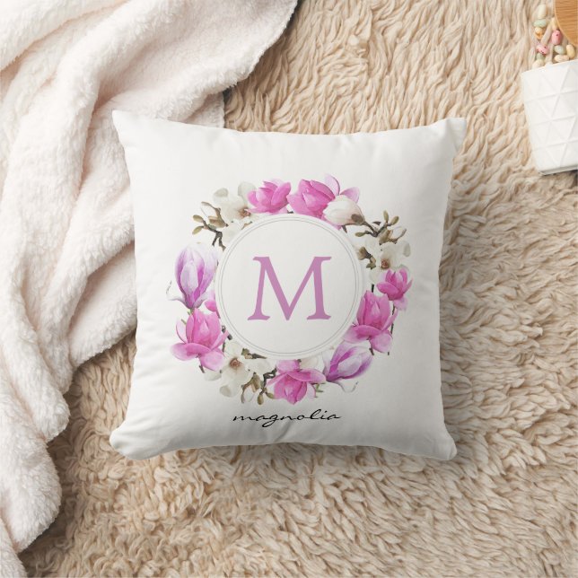 Watercolor Magnolia Wreath Monogram Throw Pillow (Blanket)