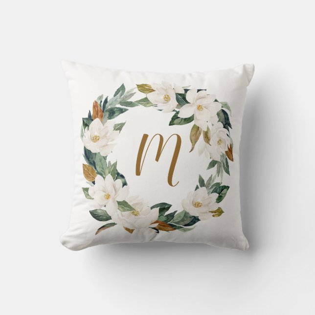 Watercolor Magnolia Wreath Monogram Throw Pillow (Front)