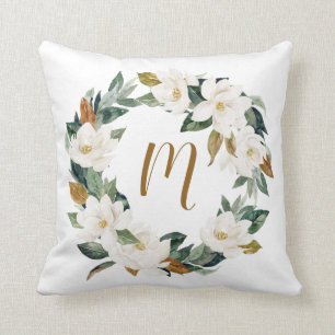 Watercolor Magnolia Wreath Monogram Throw Pillow