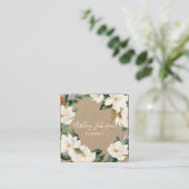 Watercolor Magnolia Wreath White Type Square Kraft Square Business Card (Standing Front)