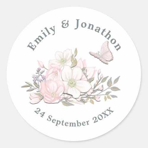 Watercolor Magnolias Butterfly Names Date Wedding Classic Round Sticker