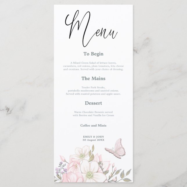 Watercolor Magnolias Butterfly Script wedding Menu (Front)