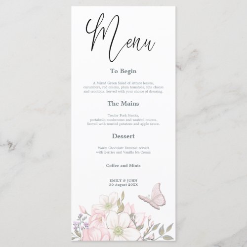 Watercolor Magnolias Butterfly Script wedding Menu