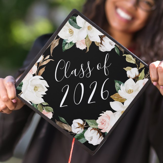 Watercolor Magnolias Custom Class Year Graduation Cap Topper (Creator Uploaded)