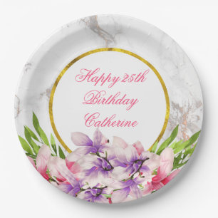 Watercolor Magnolias, Faux Marble Texture Birthday Paper Plates