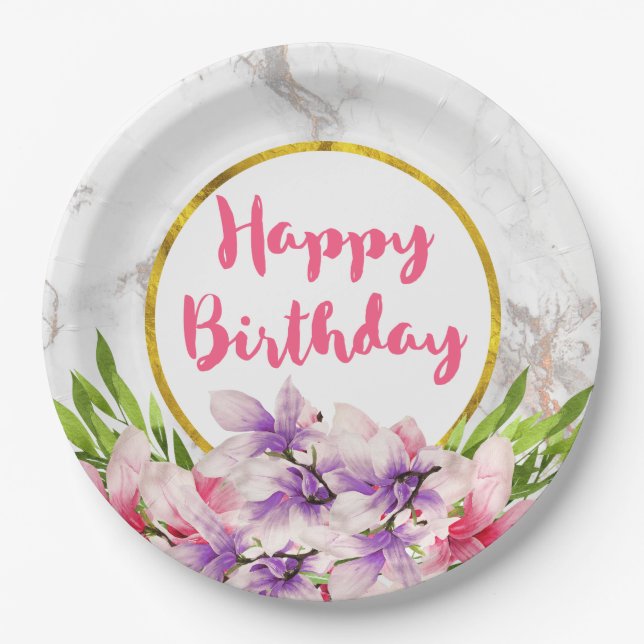 Watercolor Magnolias, Faux Marble Texture Birthday Paper Plates (Front)