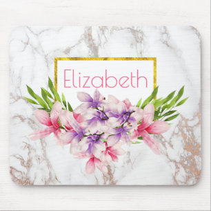 Watercolor Magnolias, Faux Marble Texture Custom Mouse Pad