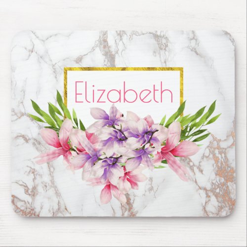Watercolor Magnolias Faux Marble Texture Custom Mouse Pad