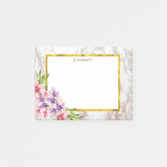 Watercolor Magnolias, Faux Marble Texture Custom Post-it Notes (Front)