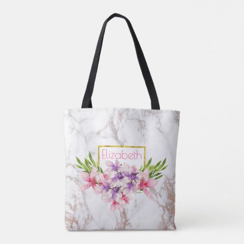 Watercolor Magnolias Faux Marble Texture Custom Tote Bag