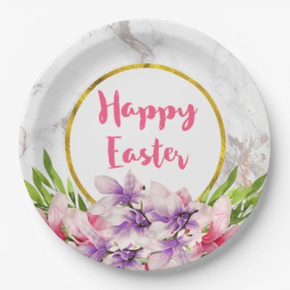 Watercolor Magnolias, Faux Marble Texture Easter Paper Plate