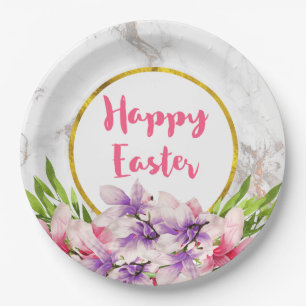 Watercolor Magnolias, Faux Marble Texture Easter Paper Plates