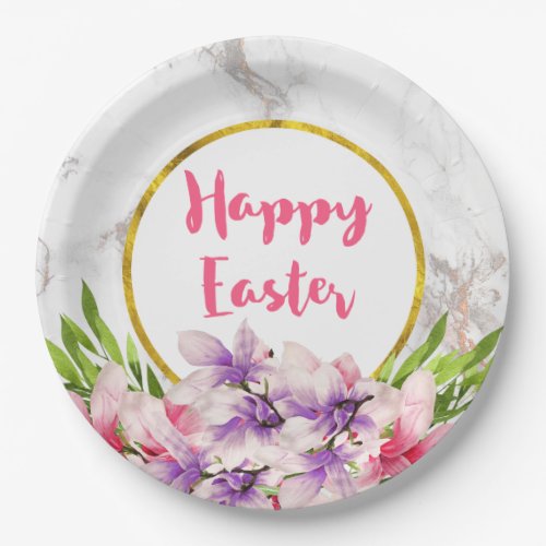 Watercolor Magnolias Faux Marble Texture Easter Paper Plates