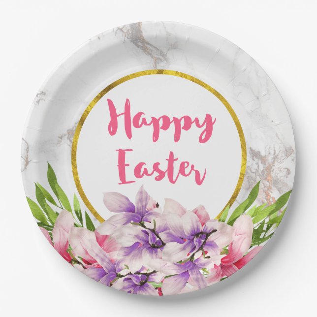 Watercolor Magnolias, Faux Marble Texture Easter Paper Plates (Front)