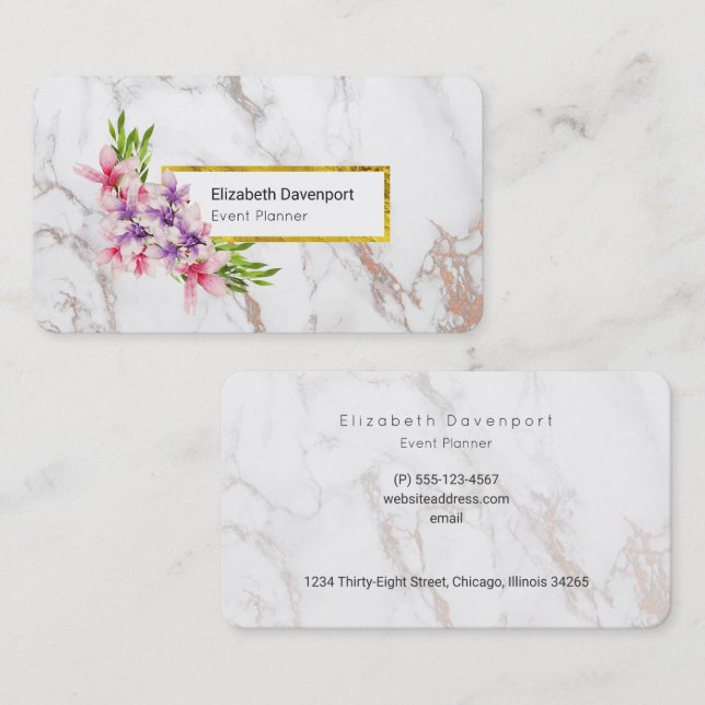 Watercolor Magnolias, Faux Marble Texture Modern Business Card (Front/Back)