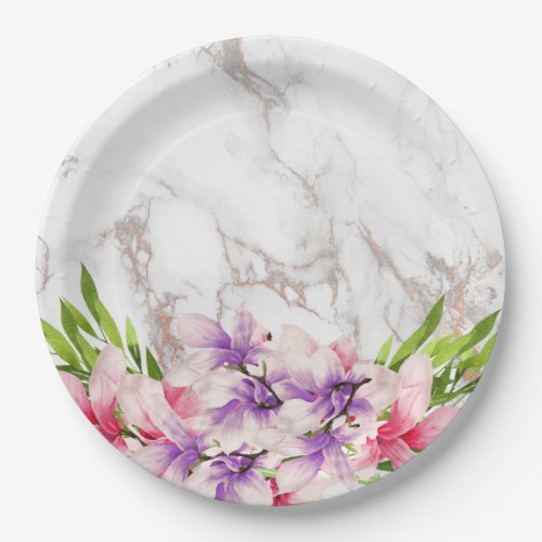 Watercolor Magnolias Faux Marble Texture Paper Plates