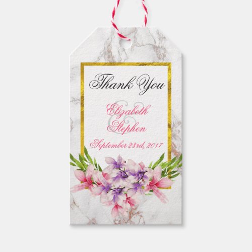 Watercolor Magnolias Faux Marble Texture Wedding Gift Tags