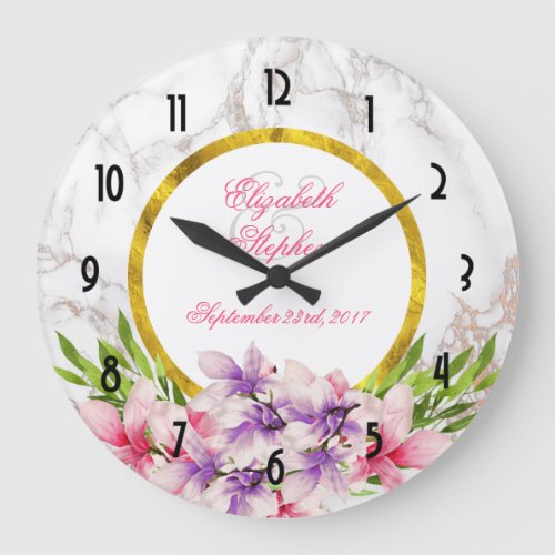 Watercolor Magnolias Faux Marble Texture Wedding Large Clock