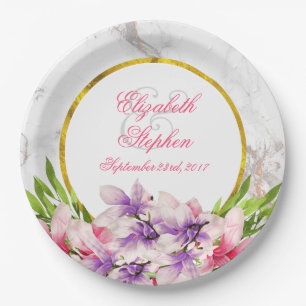 Watercolor Magnolias, Faux Marble Texture Wedding Paper Plates