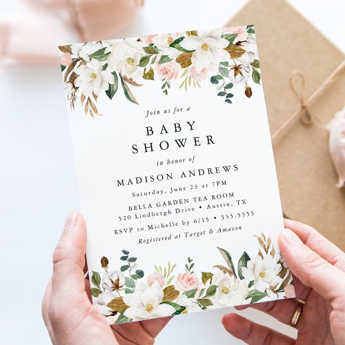 Watercolor Magnolias  Floral Baby Shower Invitation