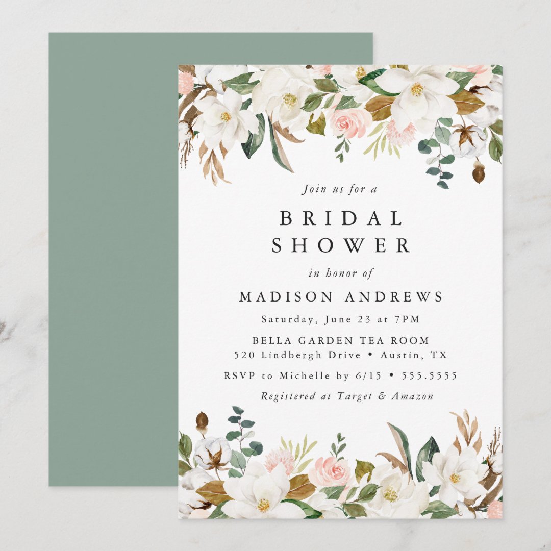 Watercolor Magnolias Floral Bridal Shower Invitation Zazzle