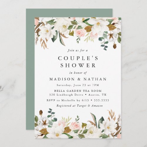 Watercolor Magnolias  Floral Couples Shower Invitation