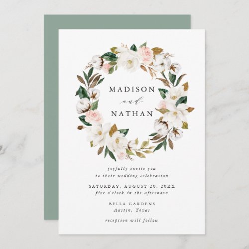 Watercolor Magnolias  Floral Wreath Wedding Invitation