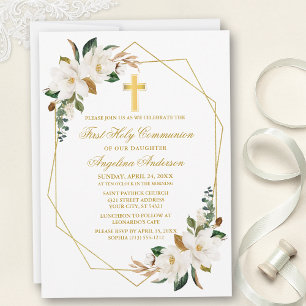 Watercolor Magnolias Geo Frame Gold Communion Invitation