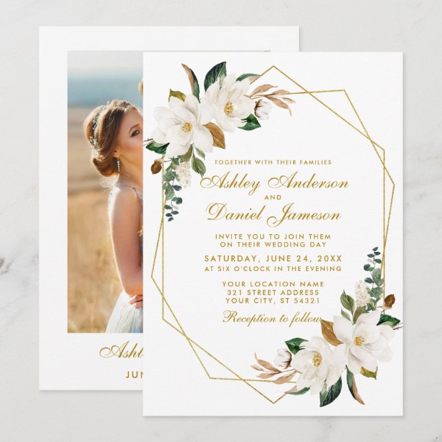 Watercolor Magnolias Greenery Gold Photo Wedding Invitation (Front/Back)
