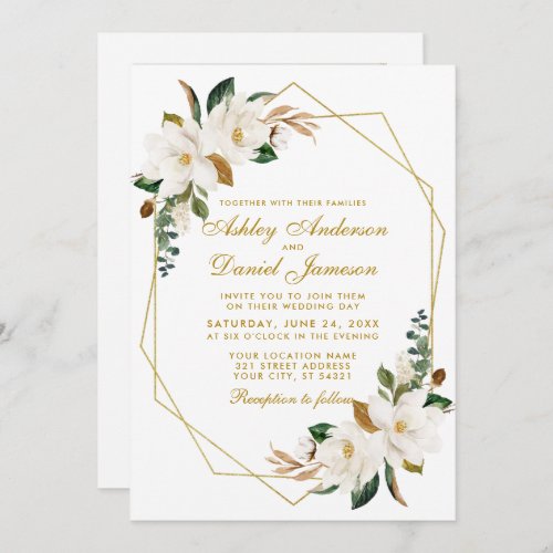 Watercolor Magnolias Greenery Gold Photo Wedding Invitation