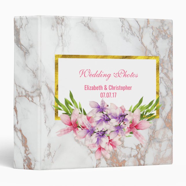 Watercolor Magnolias, Marble Texture Wedding Photo Binder (Front/Spine)