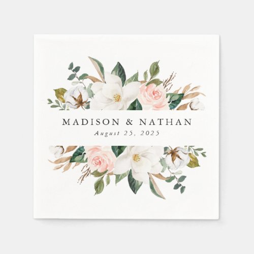 Watercolor Magnolias  Personalized Wedding Napkins