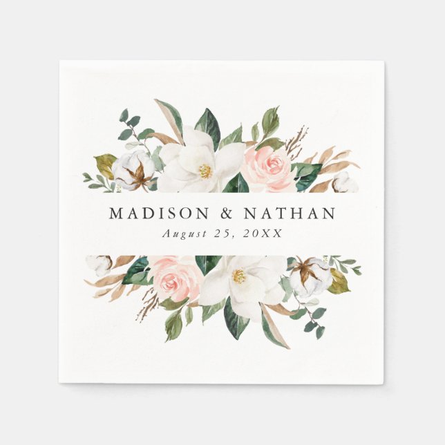 Watercolor Magnolias | Personalized Wedding Napkins (Front)