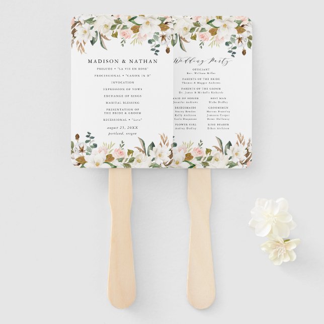 Watercolor Magnolias Personalized Wedding Program Hand Fan (Front and Back)