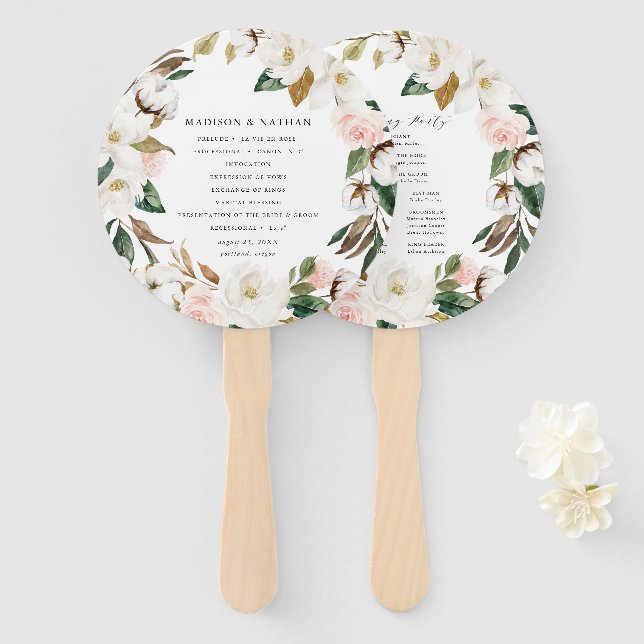 Watercolor Magnolias Personalized Wedding Program Hand Fan (Front and Back)