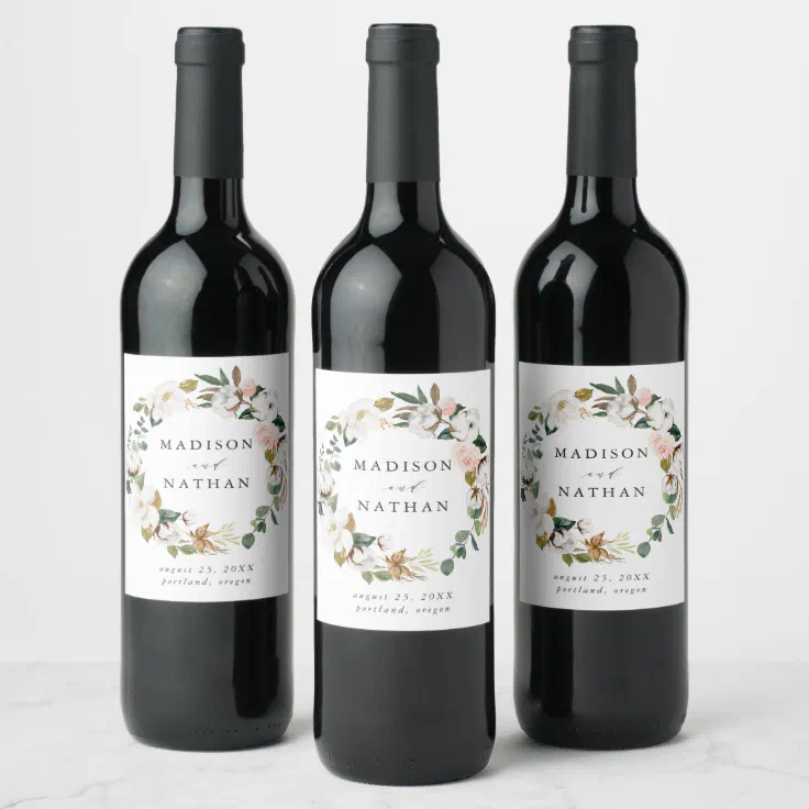 Watercolor Magnolias | Personalized Wedding Wine Label ...