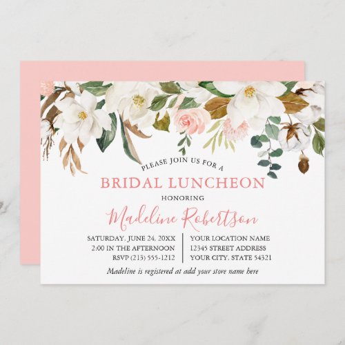 Watercolor Magnolias Pink Roses Bridal Luncheon Invitation