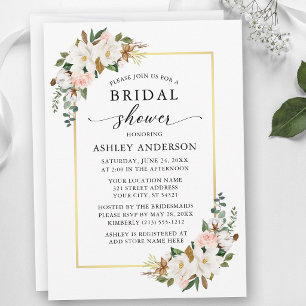 Watercolor Magnolias Pink Roses Bridal Shower Invitation