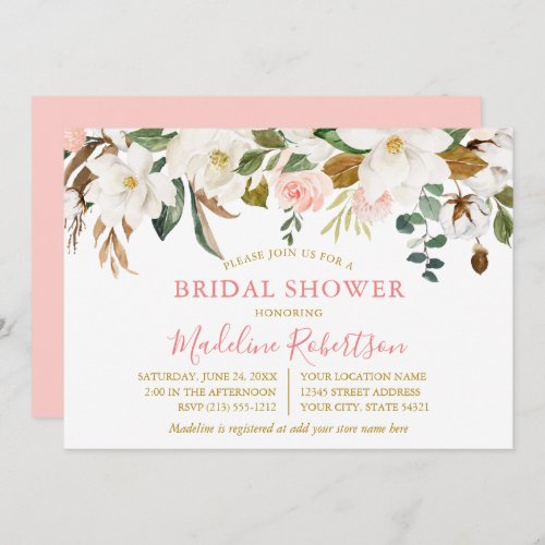 Watercolor Magnolias Pink Roses Gold Bridal Shower Invitation