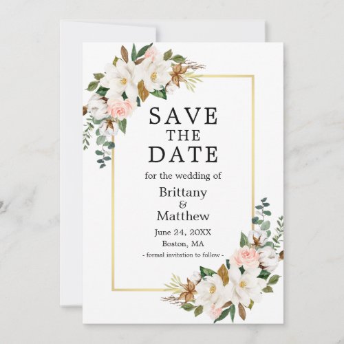 Watercolor Magnolias Pink Roses Gold Frame Save The Date
