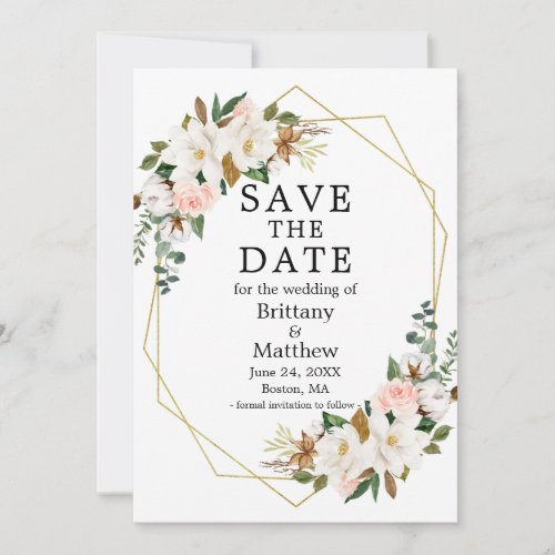 Watercolor Magnolias Pink Roses Gold Geo Frame Save The Date